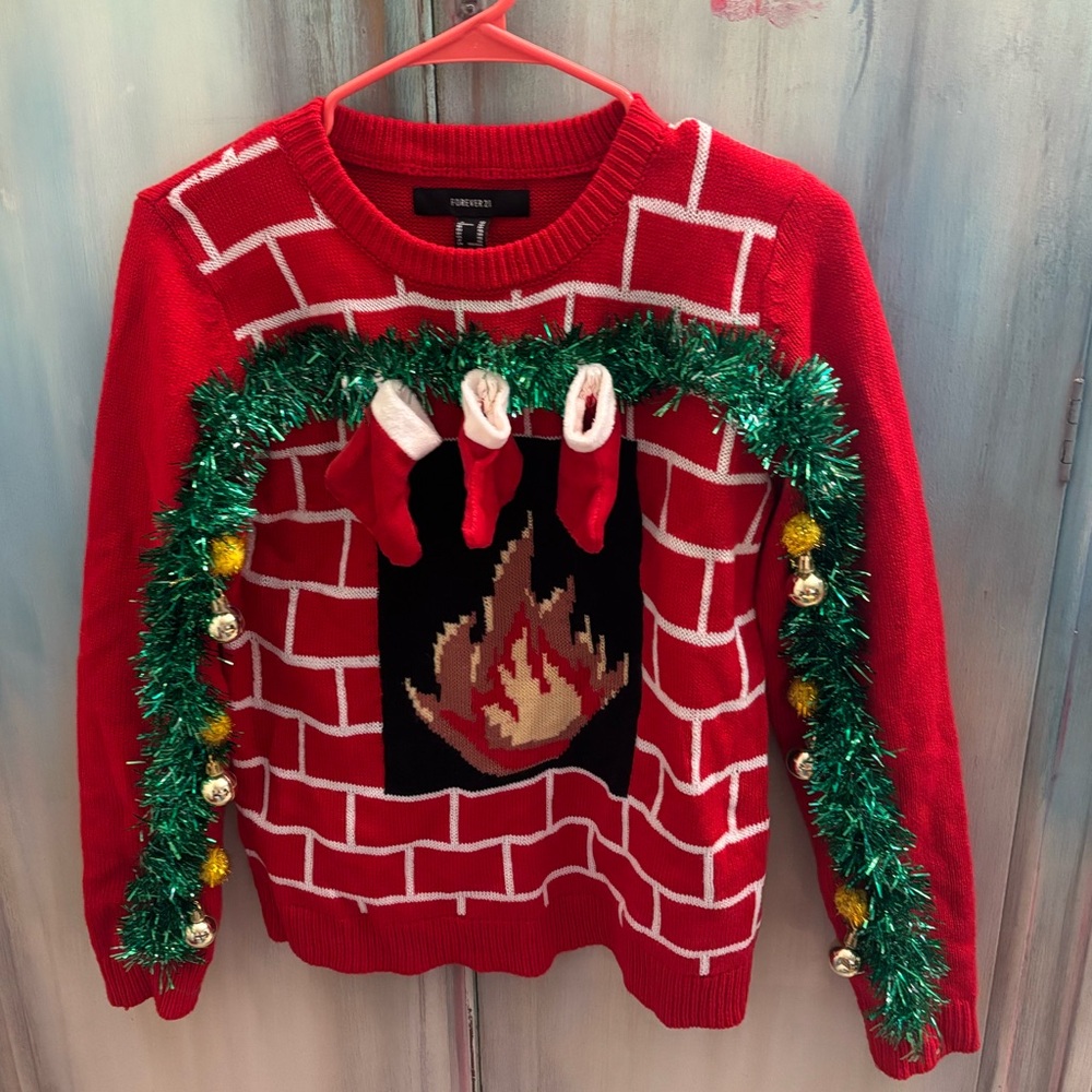 Forever 21 Red Crewneck Sweater with Green Tinsel Trim